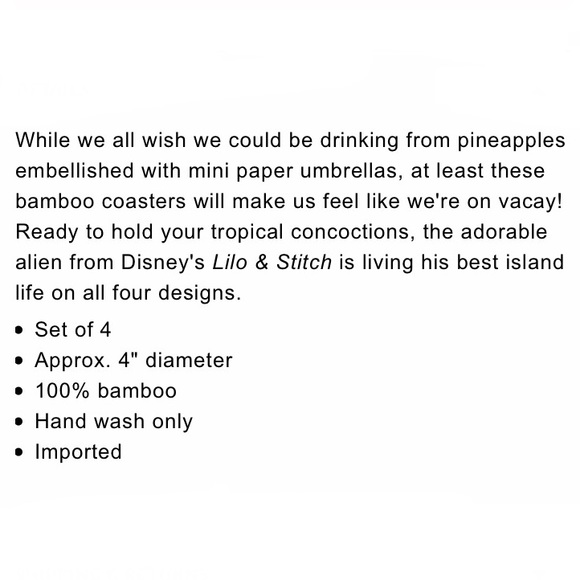 DISNEY LILO & STITCH BAMBOO COASTERS 4 PC. SET! Cute Colorful Tropical Boba Tea - Picture 6 of 6